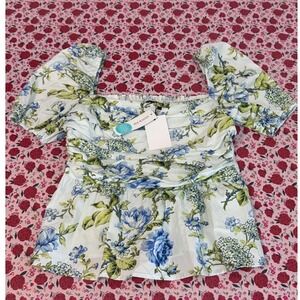 NWT Few Moda River Peplum Top White Blue Floral Cotton Smocked Puff Sleeve M F3